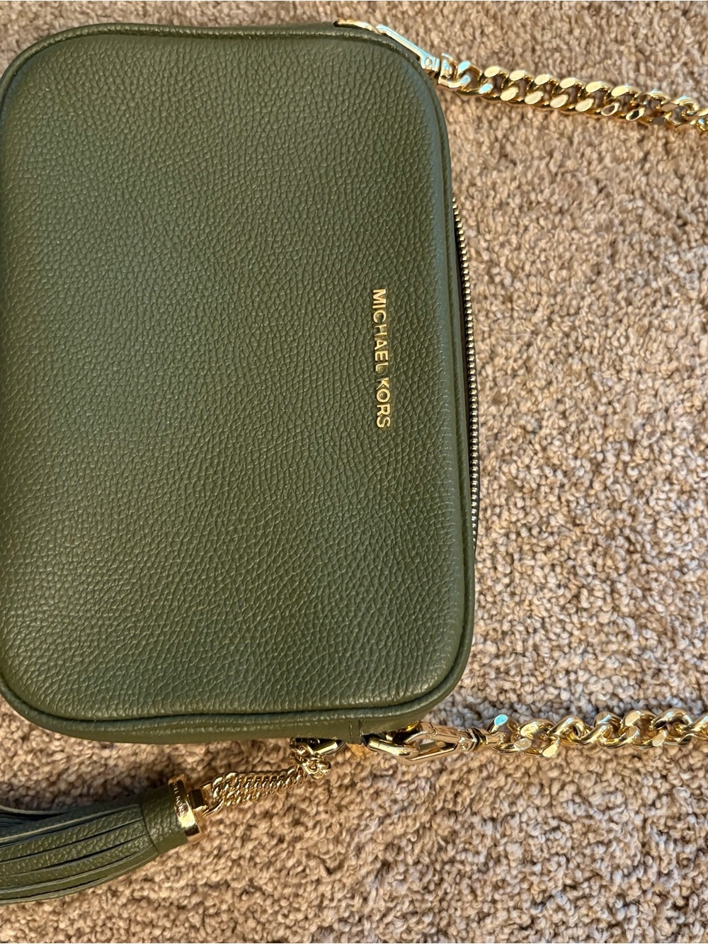 Michael Kors Olive Pebbled Leather Crossbody with Gold Chain